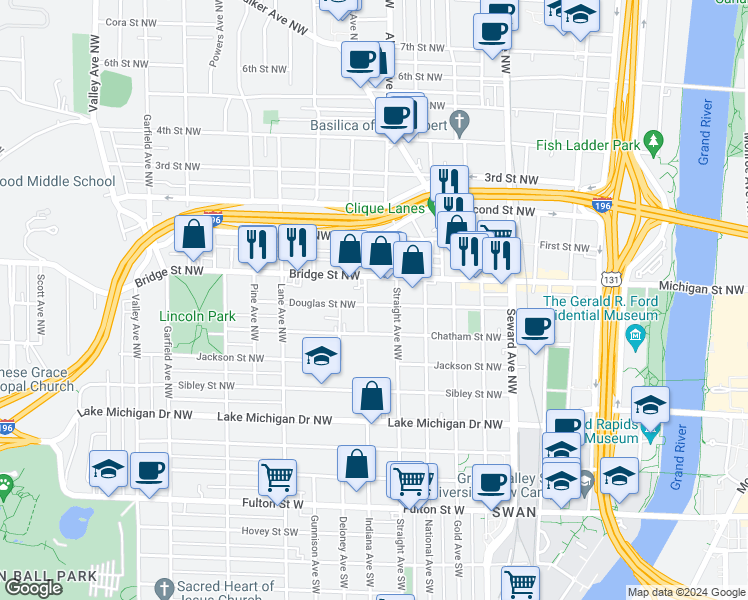 map of restaurants, bars, coffee shops, grocery stores, and more near 821 Douglas Street Northwest in Grand Rapids