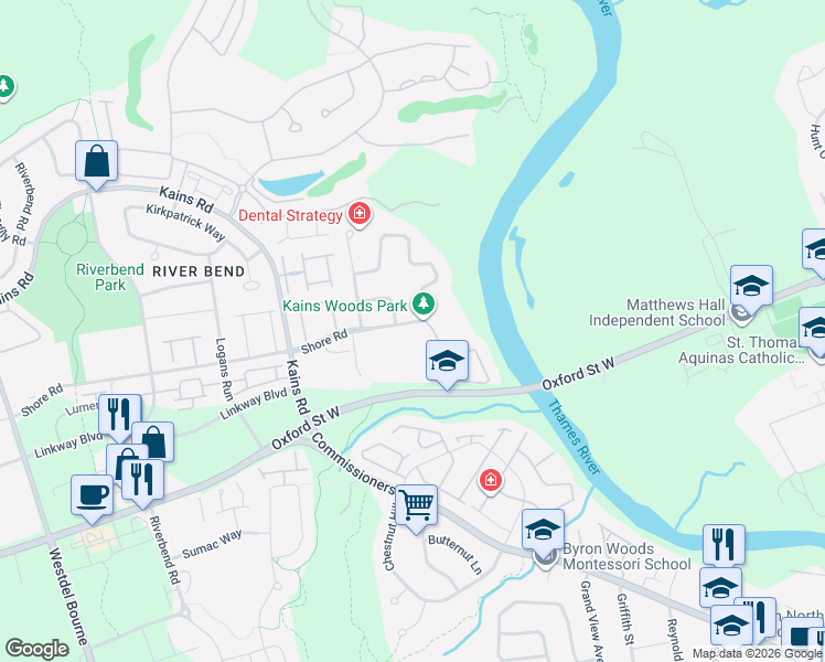 map of restaurants, bars, coffee shops, grocery stores, and more near 1176 Thamesridge Crescent in London