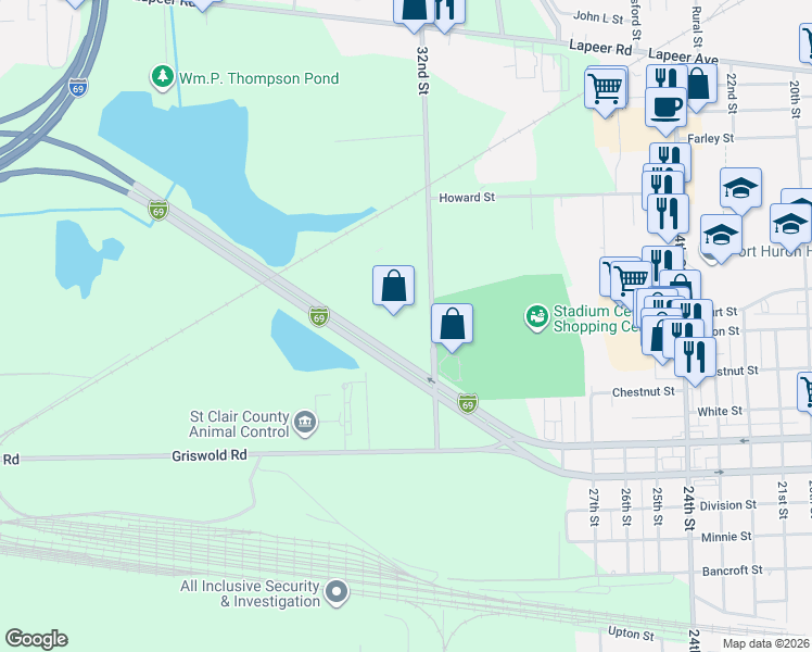 map of restaurants, bars, coffee shops, grocery stores, and more near 1234 32nd Street in Port Huron