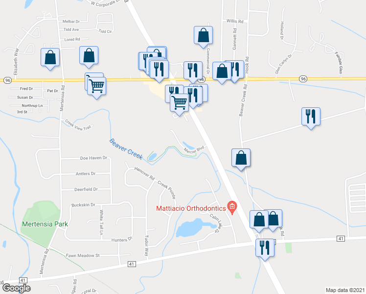 map of restaurants, bars, coffee shops, grocery stores, and more near Mercier Boulevard in Farmington