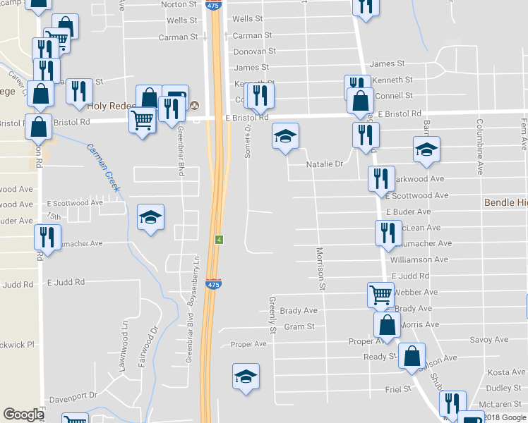 map of restaurants, bars, coffee shops, grocery stores, and more near 2124 Burton Court in Burton