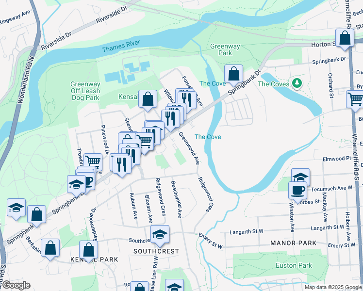 map of restaurants, bars, coffee shops, grocery stores, and more near 225 Greenwood Avenue in London