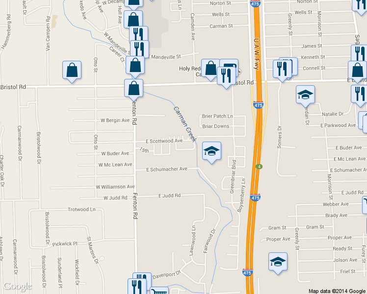 map of restaurants, bars, coffee shops, grocery stores, and more near 4071 Fenton Rd in Burton