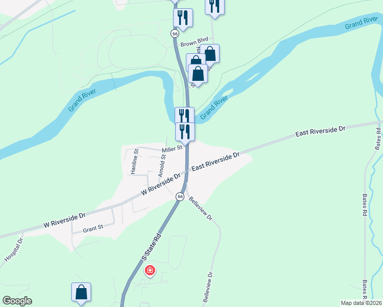 map of restaurants, bars, coffee shops, grocery stores, and more near 1231 Michigan 66 in Ionia