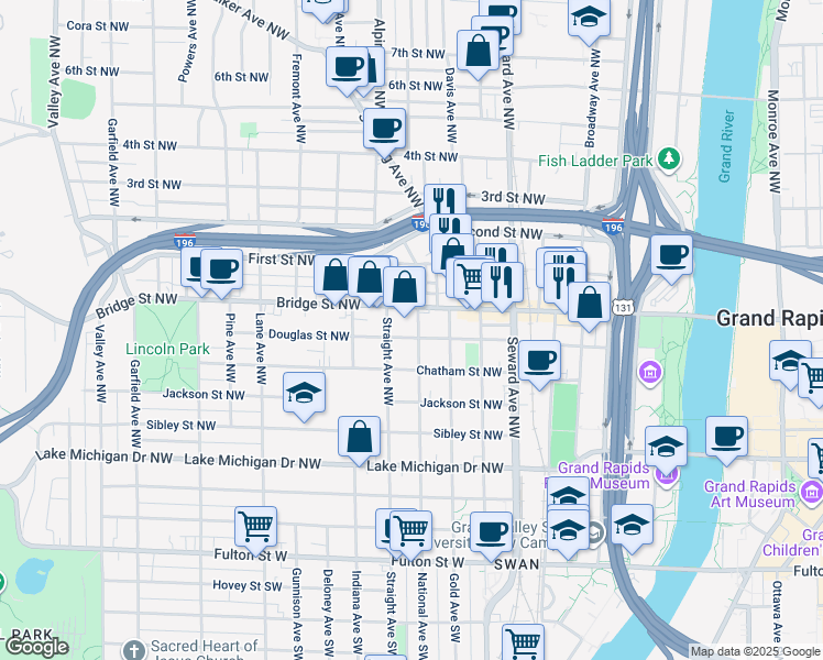 map of restaurants, bars, coffee shops, grocery stores, and more near 343 National Avenue Northwest in Grand Rapids