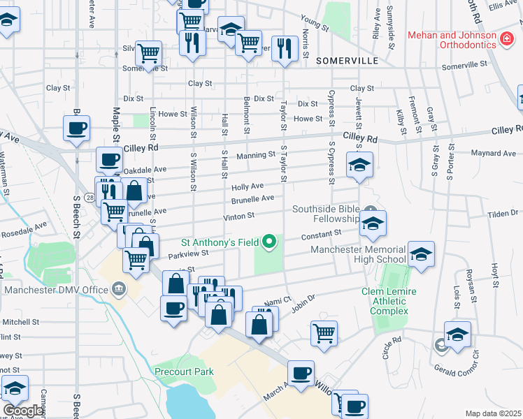 map of restaurants, bars, coffee shops, grocery stores, and more near 409 Brunelle Avenue in Manchester