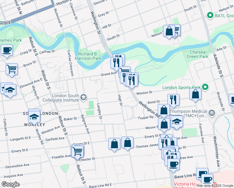 map of restaurants, bars, coffee shops, grocery stores, and more near 100 McClary Avenue in London