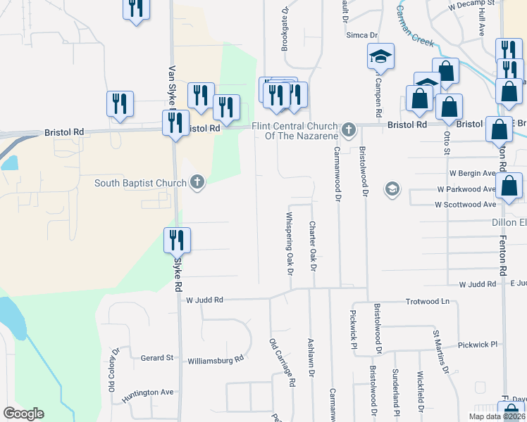 map of restaurants, bars, coffee shops, grocery stores, and more near 4119 Moulton Drive in Flint