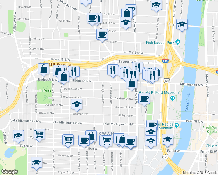 map of restaurants, bars, coffee shops, grocery stores, and more near 718 Bridge Street Northwest in Grand Rapids