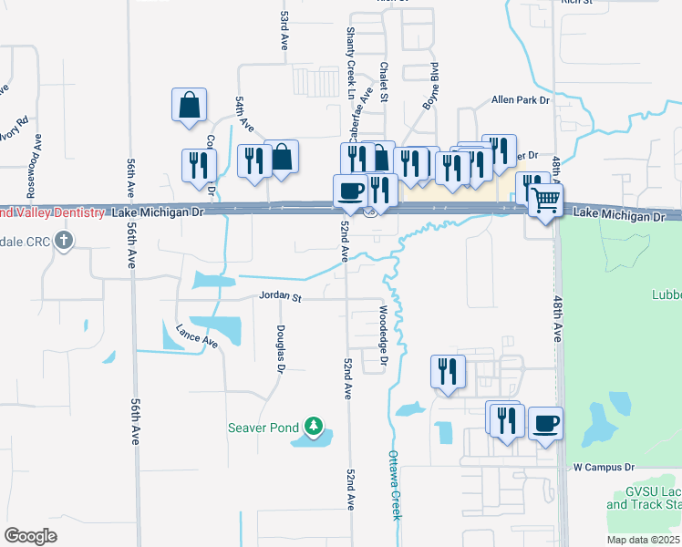 map of restaurants, bars, coffee shops, grocery stores, and more near 11088 52nd Avenue in Allendale Charter Township
