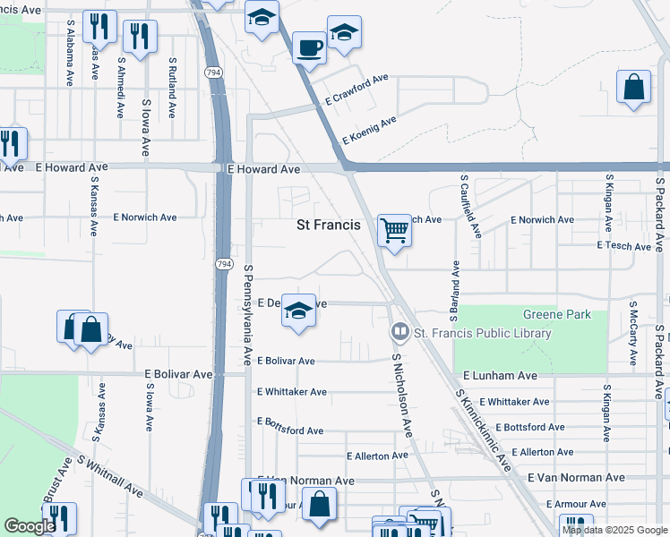 map of restaurants, bars, coffee shops, grocery stores, and more near 2668 Hidden Drive in Saint Francis