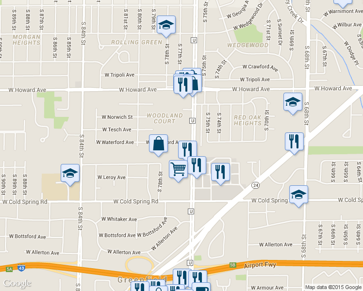 map of restaurants, bars, coffee shops, grocery stores, and more near 7638 West Waterford Avenue in Milwaukee
