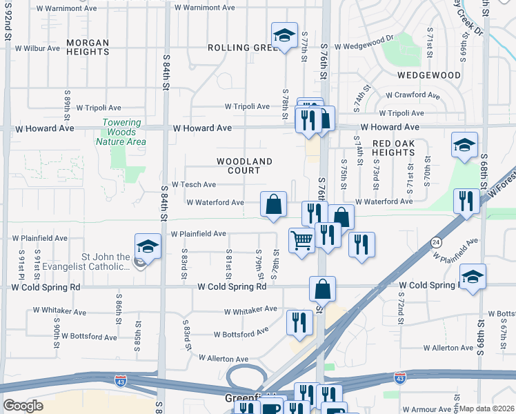 map of restaurants, bars, coffee shops, grocery stores, and more near 7930 West Waterford Avenue in Milwaukee
