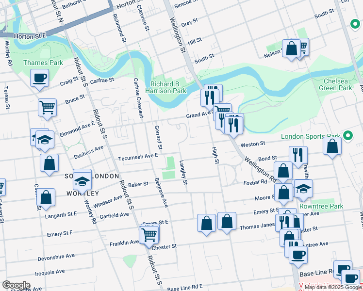 map of restaurants, bars, coffee shops, grocery stores, and more near 202 Langley Street in London