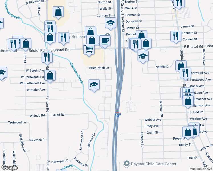 map of restaurants, bars, coffee shops, grocery stores, and more near 1217 Currant Lane in Burton