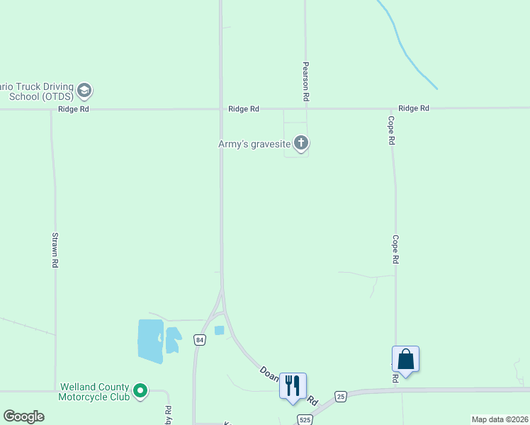 map of restaurants, bars, coffee shops, grocery stores, and more near 612 Doan's Ridge Road in Welland