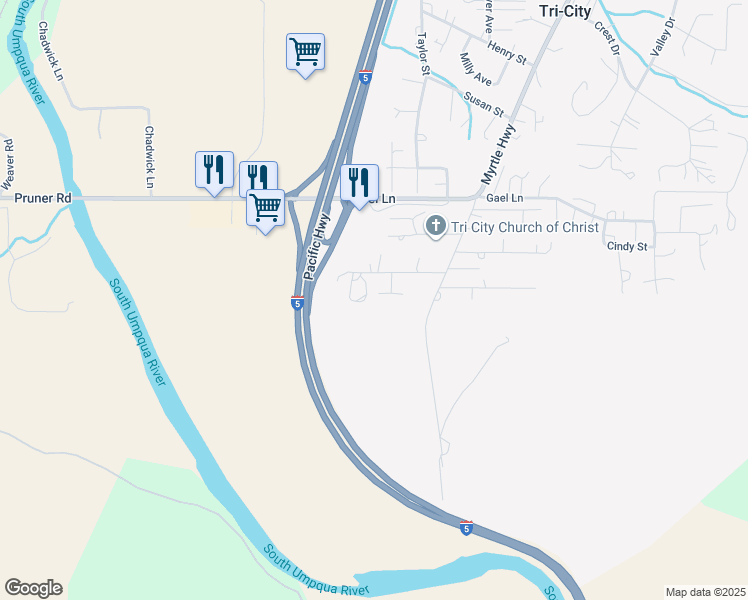 map of restaurants, bars, coffee shops, grocery stores, and more near 580 Matthews Drive in Myrtle Creek