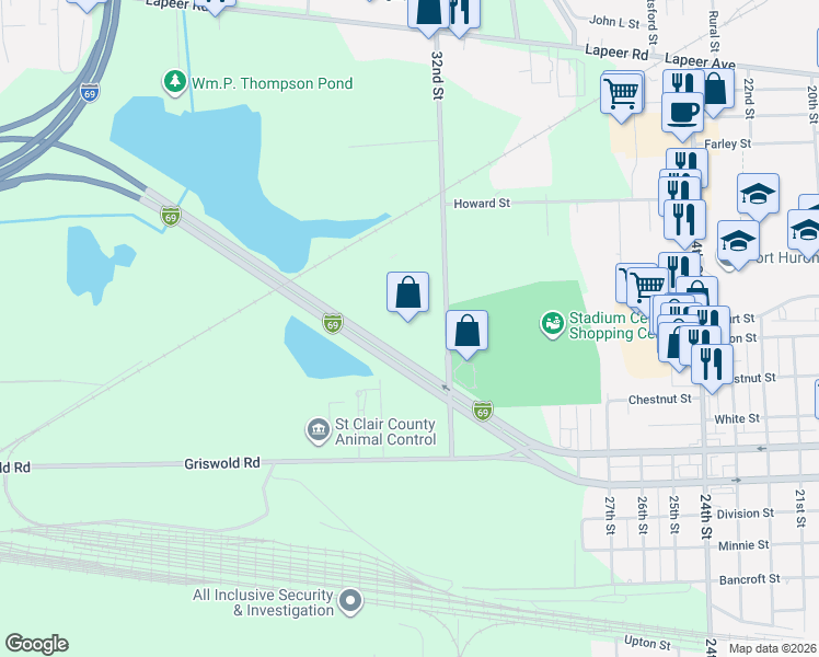 map of restaurants, bars, coffee shops, grocery stores, and more near 1234 32nd Street in Port Huron