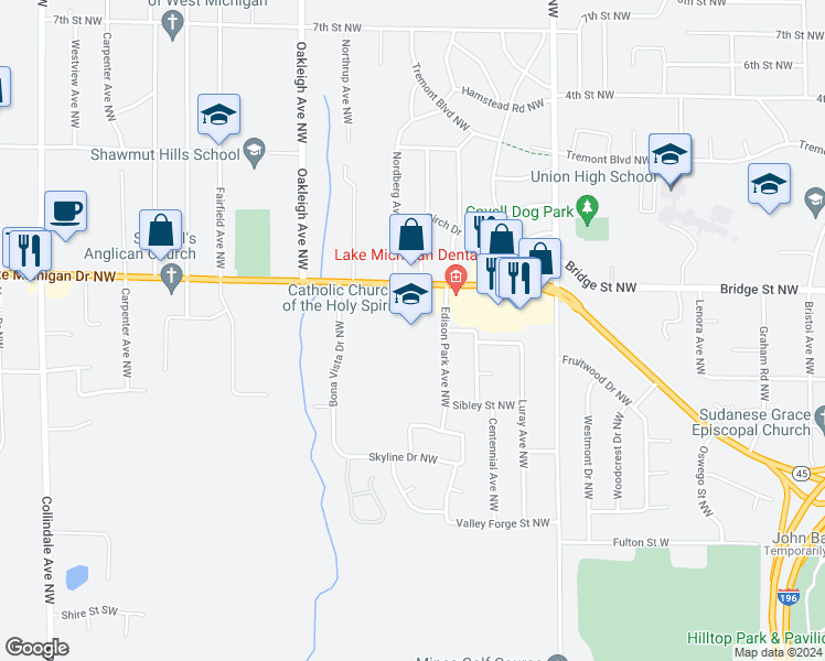 map of restaurants, bars, coffee shops, grocery stores, and more near 2222 Lake Michigan Drive Northwest in Grand Rapids