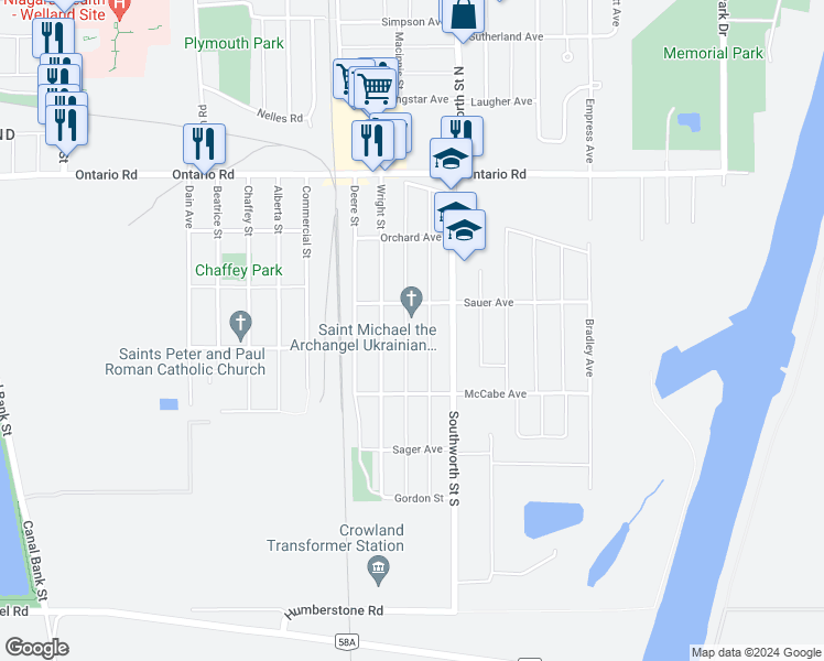 map of restaurants, bars, coffee shops, grocery stores, and more near 434 David Street in Welland