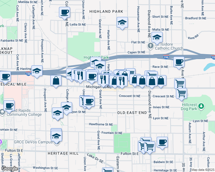 map of restaurants, bars, coffee shops, grocery stores, and more near 721 Michigan Street Northeast in Grand Rapids