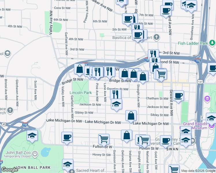 map of restaurants, bars, coffee shops, grocery stores, and more near in Grand Rapids