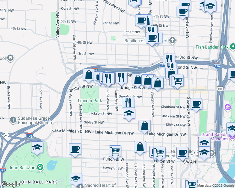 map of restaurants, bars, coffee shops, grocery stores, and more near in Grand Rapids