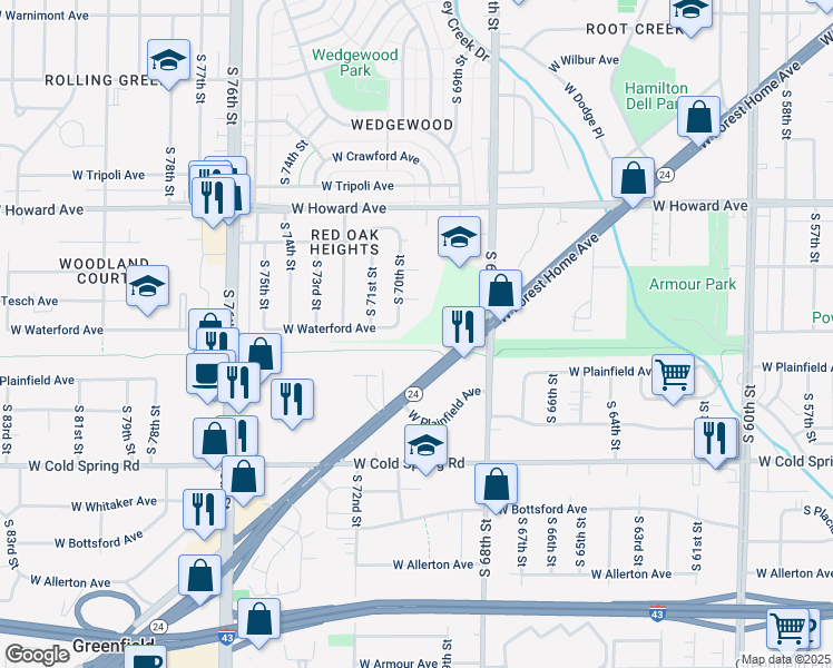 map of restaurants, bars, coffee shops, grocery stores, and more near 6945 West Tesch Avenue in Milwaukee