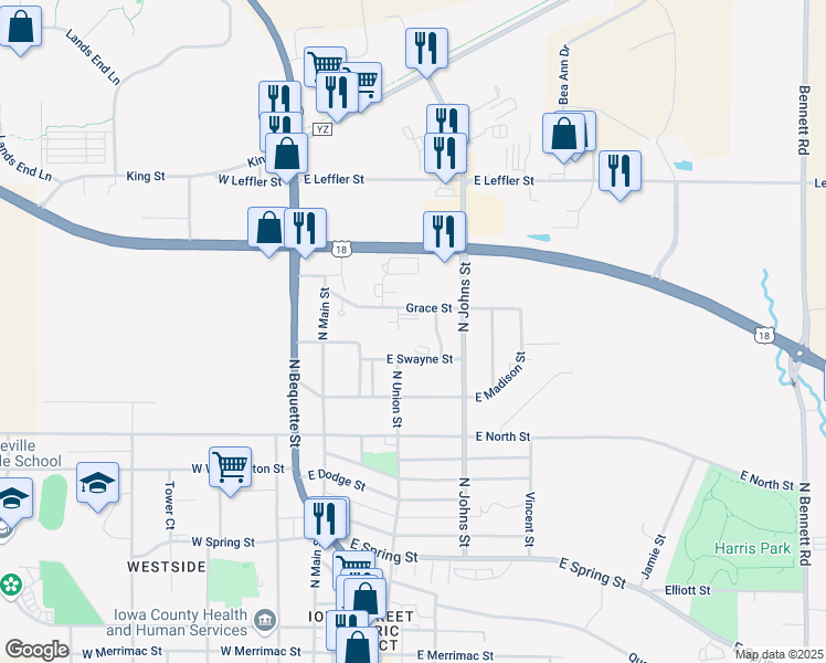 map of restaurants, bars, coffee shops, grocery stores, and more near 1112 Roelli Lane in Dodgeville