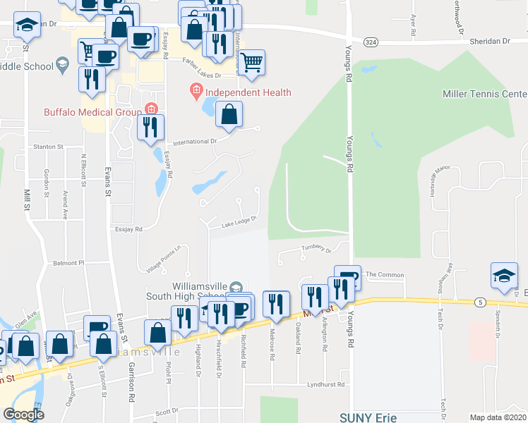 map of restaurants, bars, coffee shops, grocery stores, and more near 87 Lake Ledge Drive in Buffalo