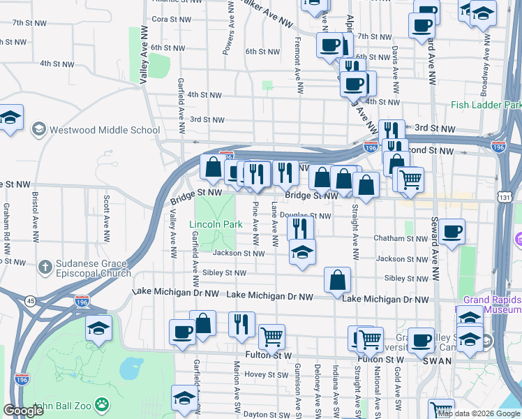 map of restaurants, bars, coffee shops, grocery stores, and more near 346 Pine Avenue Northwest in Grand Rapids