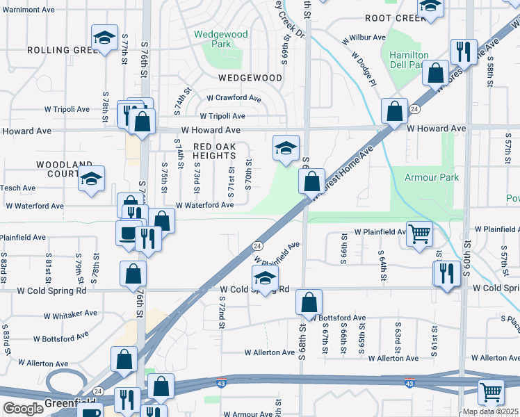 map of restaurants, bars, coffee shops, grocery stores, and more near 6945 West Tesch Avenue in Milwaukee