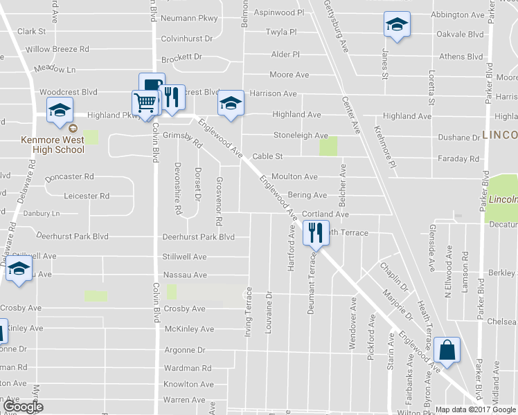 map of restaurants, bars, coffee shops, grocery stores, and more near 62 Cortland Avenue in Buffalo