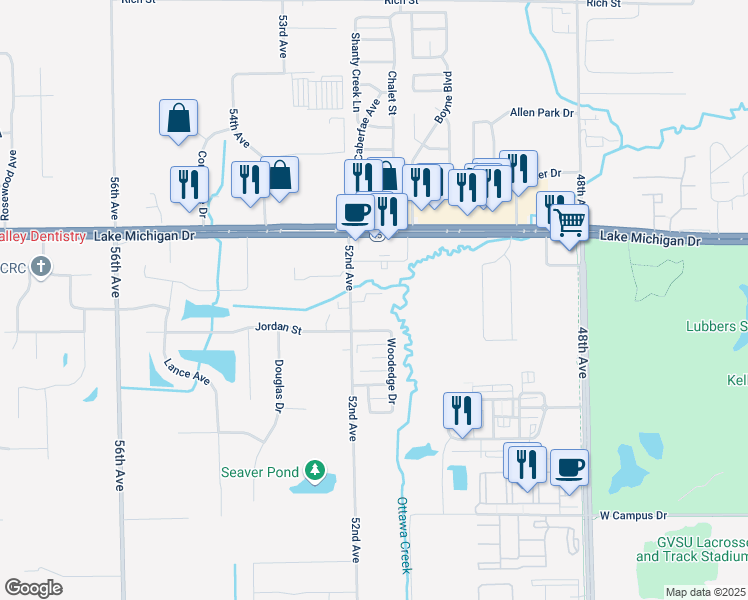 map of restaurants, bars, coffee shops, grocery stores, and more near 11088 52nd Avenue in Allendale Charter Township