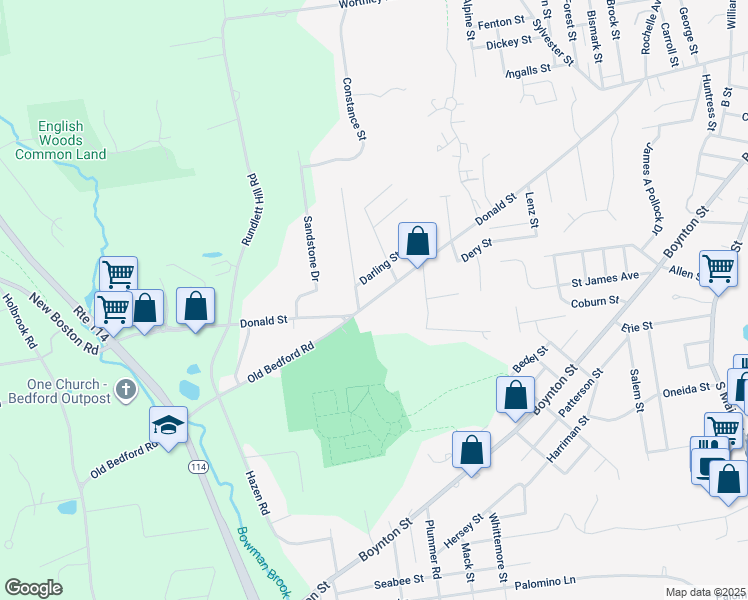 map of restaurants, bars, coffee shops, grocery stores, and more near 433 Donald Street in Bedford