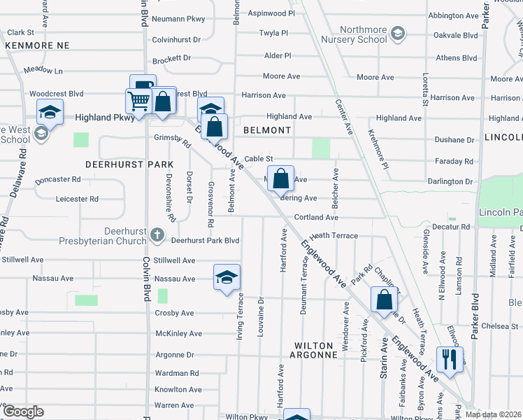 map of restaurants, bars, coffee shops, grocery stores, and more near 62 Cortland Avenue in Buffalo