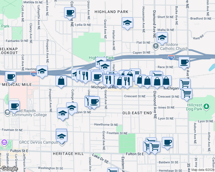 map of restaurants, bars, coffee shops, grocery stores, and more near 414 Grand Avenue Northeast in Grand Rapids
