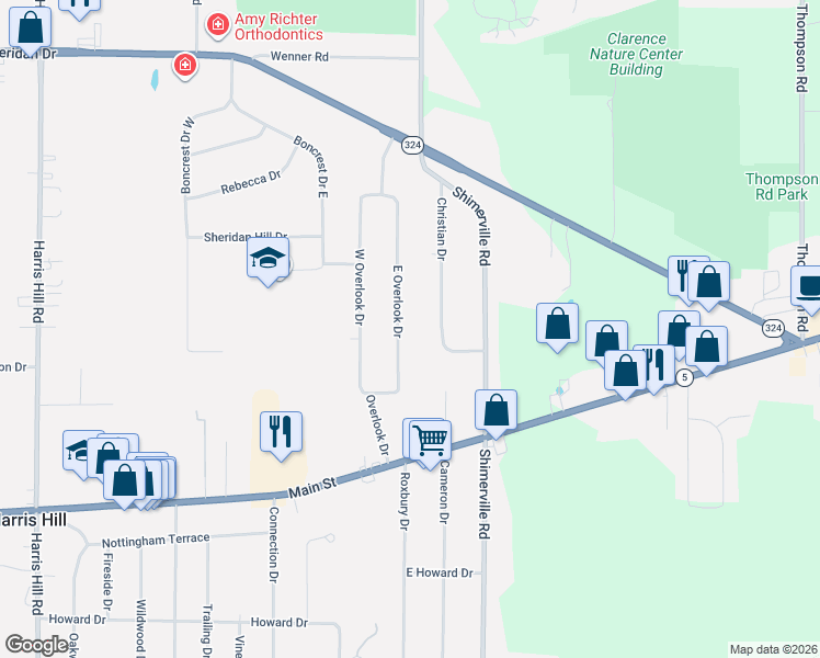 map of restaurants, bars, coffee shops, grocery stores, and more near 4525 East Overlook Drive in Buffalo