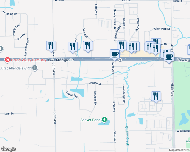 map of restaurants, bars, coffee shops, grocery stores, and more near 11110 Farmway Drive in Allendale