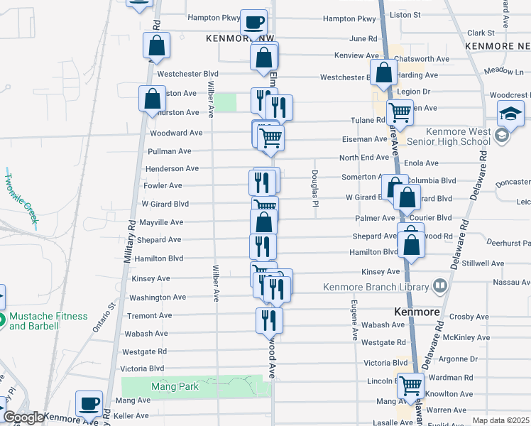 map of restaurants, bars, coffee shops, grocery stores, and more near 2668 Elmwood Avenue in Buffalo