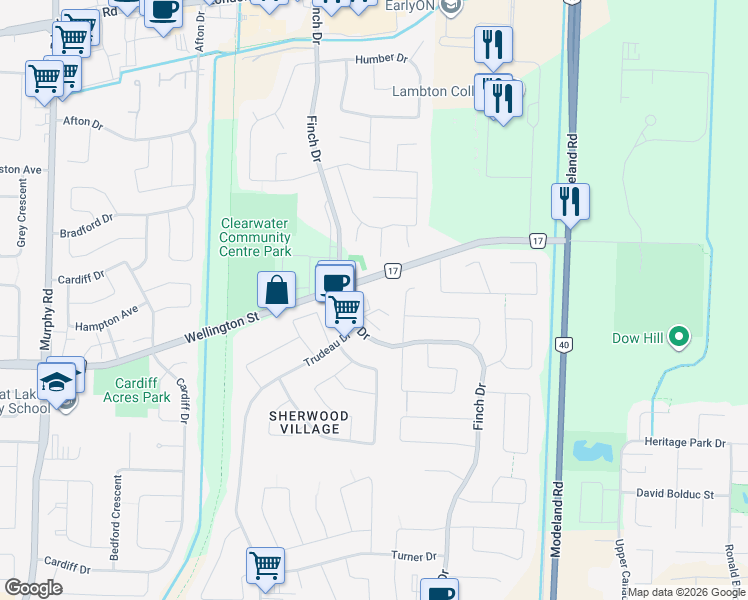 map of restaurants, bars, coffee shops, grocery stores, and more near 56 Finch Drive in Sarnia
