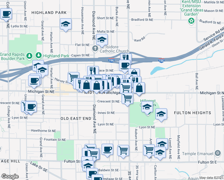 map of restaurants, bars, coffee shops, grocery stores, and more near 1061 Michigan Street Northeast in Grand Rapids