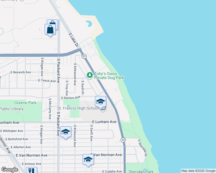 map of restaurants, bars, coffee shops, grocery stores, and more near 4100 South Lake Drive in Saint Francis