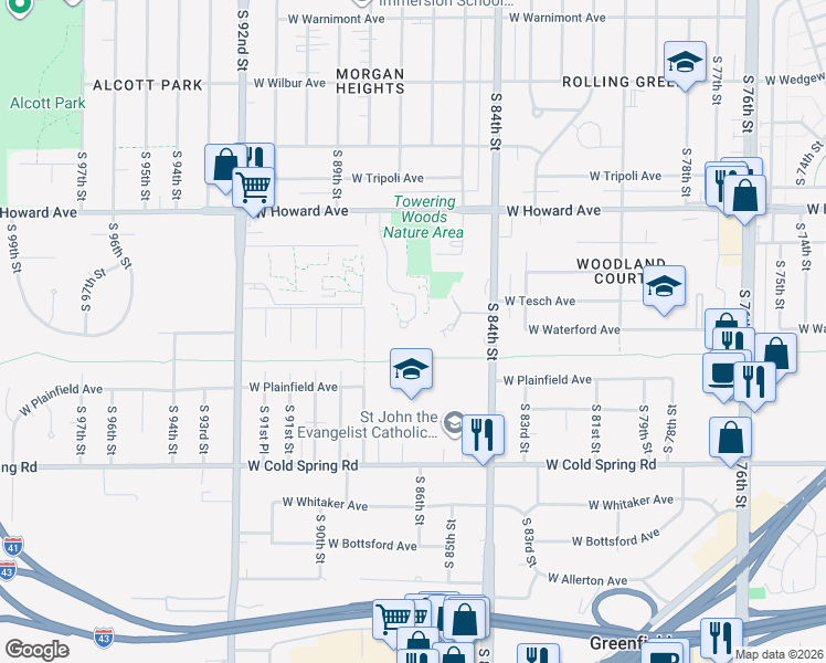 map of restaurants, bars, coffee shops, grocery stores, and more near 3993 South Prairie Hill Lane in Greenfield