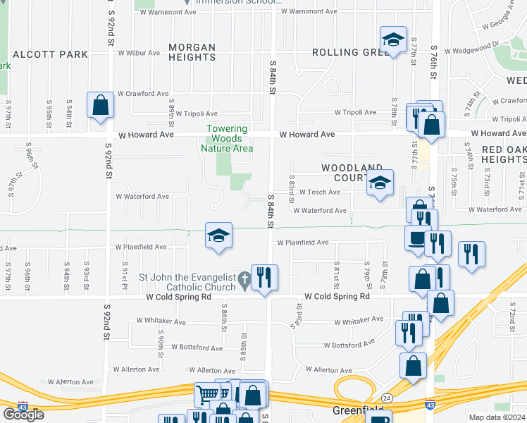 map of restaurants, bars, coffee shops, grocery stores, and more near 4065 South 84th Street in Greenfield