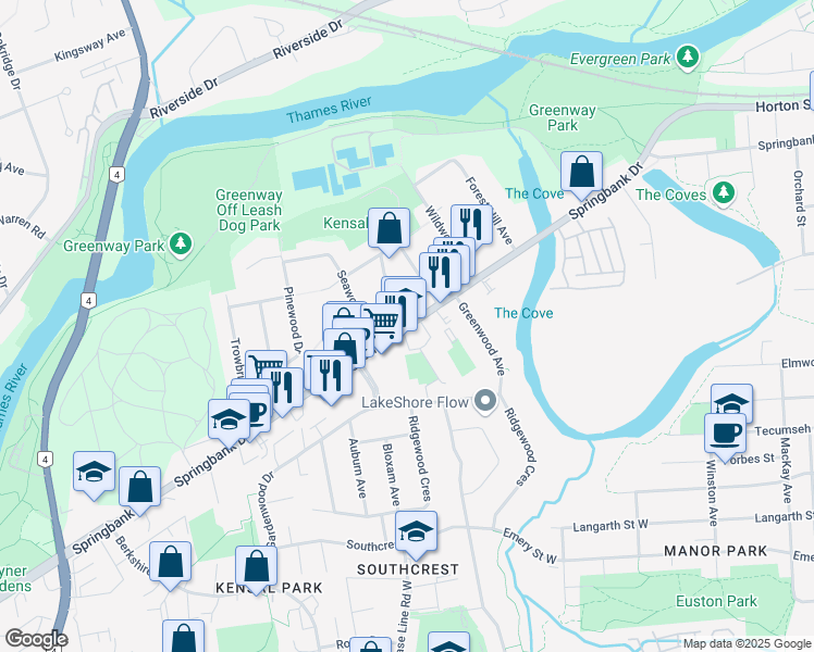 map of restaurants, bars, coffee shops, grocery stores, and more near 327 Springbank Drive in London