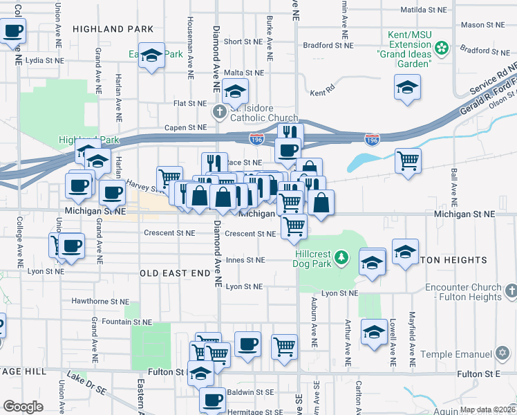 map of restaurants, bars, coffee shops, grocery stores, and more near 1045 Michigan Street Northeast in Grand Rapids