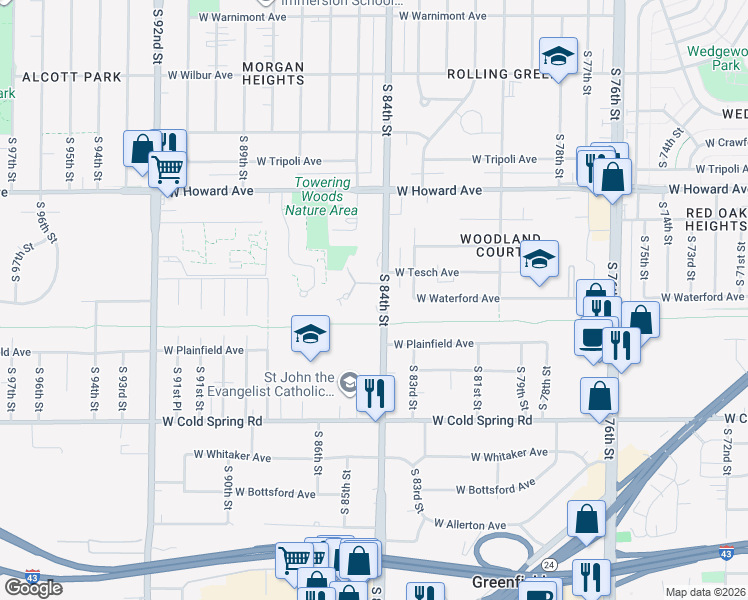 map of restaurants, bars, coffee shops, grocery stores, and more near 4065 South 84th Street in Greenfield