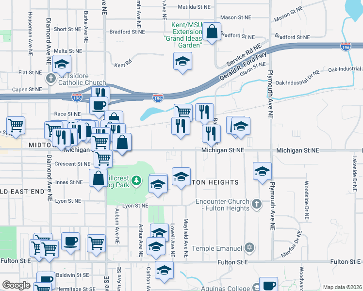 map of restaurants, bars, coffee shops, grocery stores, and more near 1455 Michigan Street Northeast in Grand Rapids