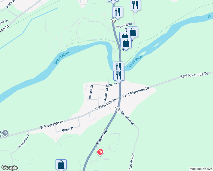 map of restaurants, bars, coffee shops, grocery stores, and more near 230 Miller Street in Ionia